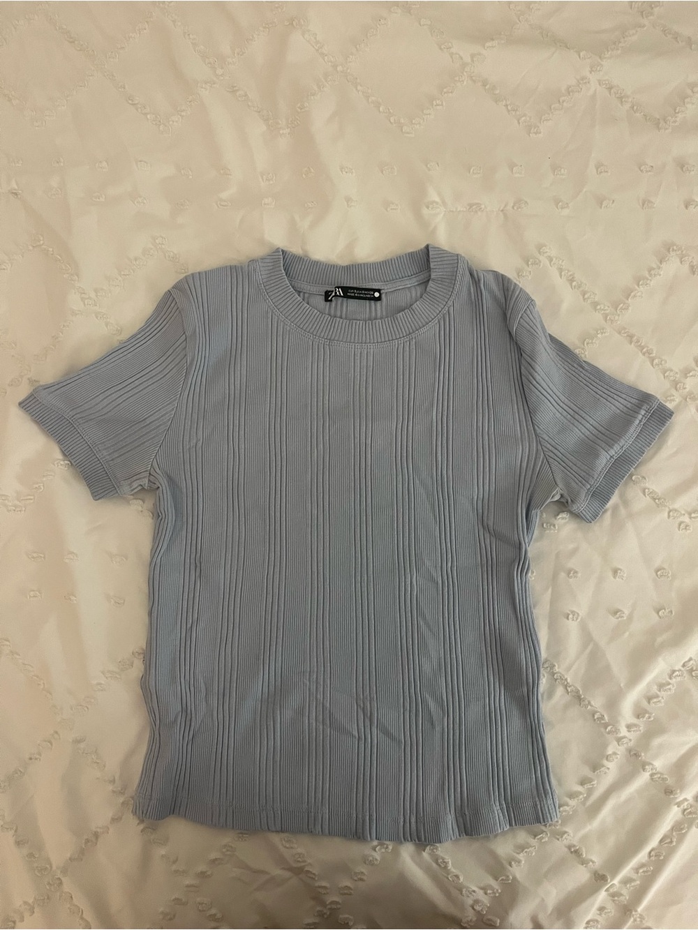 Zara Pale Blue Ribbed Short Sleeve Tee